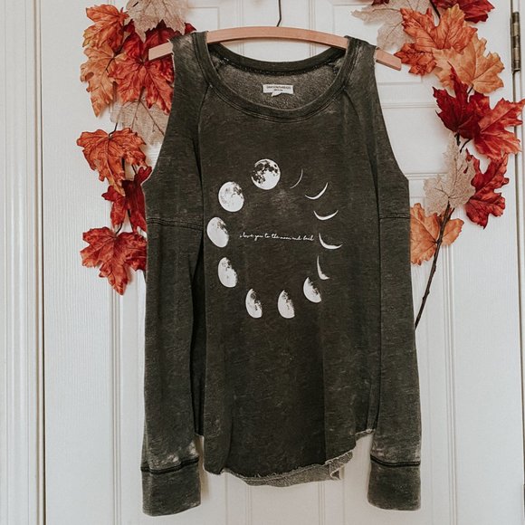 Grayson Threads Tops - Grey Cold Shoulder Love Moon Graphic Sweatshirt